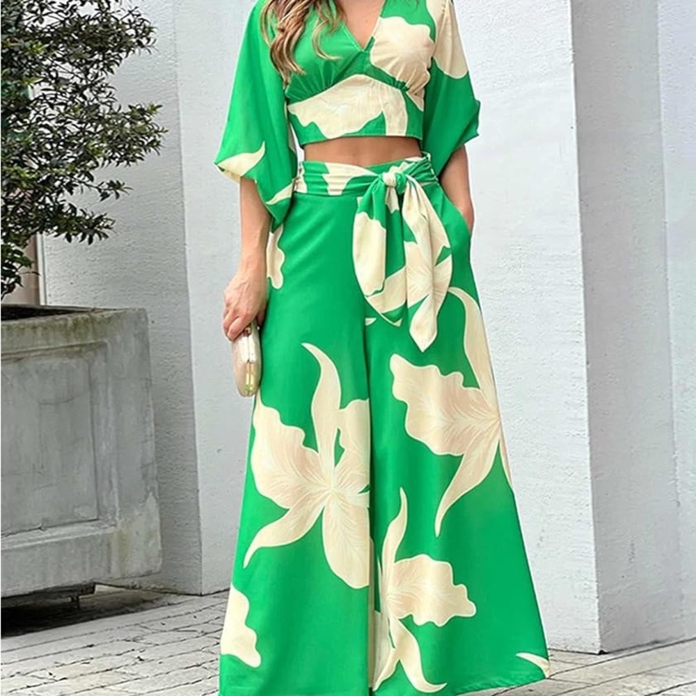 Green and Cream Floral Two-Piece Set